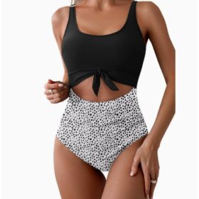 One-piece Female Stitching Contrast Color Strap Covered Belly Swimsuit (Option: Black and black dots-L)