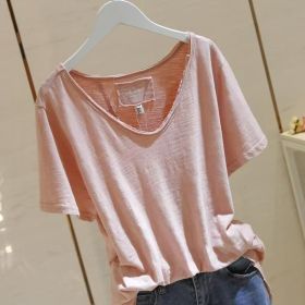Versatile Patchwork Bamboo-cotton Thin Summer Short-sleeve Top (Option: Leather Pink-2XL)