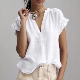Women's Casual V-Neck Cotton-Linen Blouse Top Summer Ruffle Short-Sleeve Solid Color Office Daily Wear Shirts (Option: White-XL)