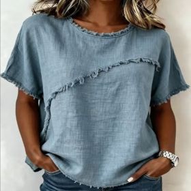 Women's Round-Neck Casual Loose Short-Sleeve Top (Option: Ocean Blue-L)