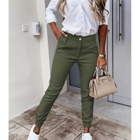 Women's Autumn Pocket Slim Fashion Casual Cropped Trousers (Option: Dark Green-L)