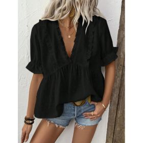 Women's Casual Solid Color Lace-trimmed V-neck T-shirt Top (Option: Black-S)