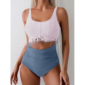 One-piece Female Stitching Contrast Color Strap Covered Belly Swimsuit (Option: Stripes Gray And Blue-M)