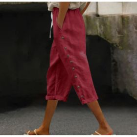 Casual Patchwork Button Cropped Pants For Women (Option: Red-XL)