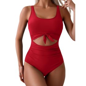 One-piece Female Stitching Contrast Color Strap Covered Belly Swimsuit (Option: Red-XL)
