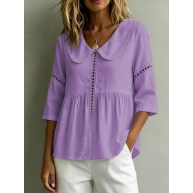 Womens Doll-Neck Hollow-Out Cotton-Linen Top (Option: Purple-M)