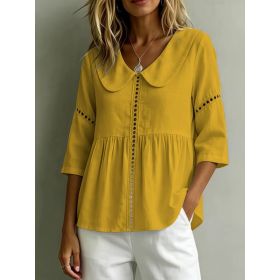 Womens Doll-Neck Hollow-Out Cotton-Linen Top (Option: Yellow-M)
