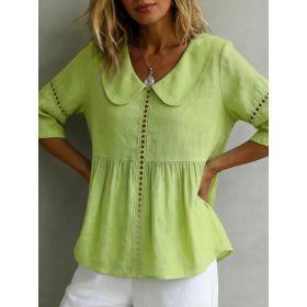 Womens Doll-Neck Hollow-Out Cotton-Linen Top (Option: Light Green-S)