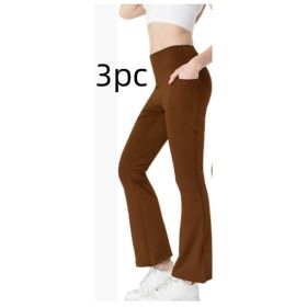 Ladies Mid Waist Abdominal-shaping Slimming Cropped Pants Casual Pocket Bootcut Trousers (Option: Coffee 3PC-XL)