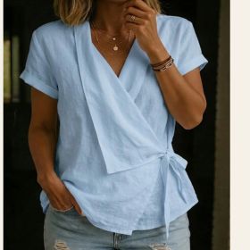 Women's Casual Lapel Collar Lace-Up Short-Sleeve Top (Option: Blue-3XL)