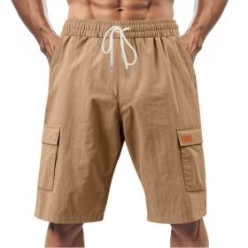 Loose Sports And Leisure Solid Color Linen Drawstring Shorts (Option: M-Brown with Label)