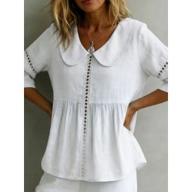Womens Doll-Neck Hollow-Out Cotton-Linen Top (Option: White-S)