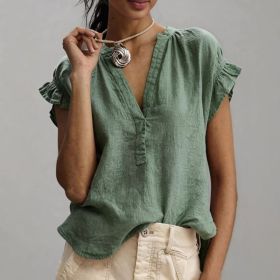 Women's Casual V-Neck Cotton-Linen Blouse Top Summer Ruffle Short-Sleeve Solid Color Office Daily Wear Shirts (Option: Dark Green-M)