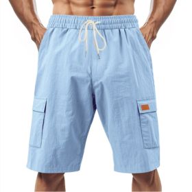 Loose Sports And Leisure Solid Color Linen Drawstring Shorts (Option: L-Light Blue with Label)