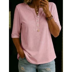 Women's Solid-Colored Cotton Button-Down Half-Sleeve Shirt (Option: Pink-S)