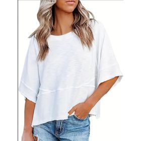 Women's Clothing Solid Color Crew Neck Loose Basic T-shirt (Option: White-3XL)