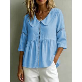 Womens Doll-Neck Hollow-Out Cotton-Linen Top (Option: Sky Blue-L)