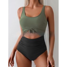 One-piece Female Stitching Contrast Color Strap Covered Belly Swimsuit (Option: Green Black-L)