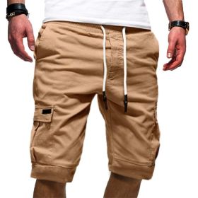 Men's Solid Color Sports Shorts Loose Tether Sports Casual Five-Point Pants Men (Option: Khaki-L)