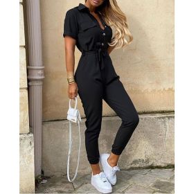 Printed Belt Work Overalls Short Sleeves (Option: Black-2XL)