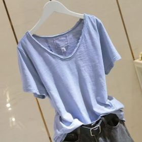 Versatile Patchwork Bamboo-cotton Thin Summer Short-sleeve Top (Option: Blue-M)