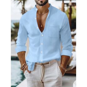Solid-color Cotton-linen Shirt, Mandarin-collar Cardigan, Long-sleeve Business-casual Shirt (Option: Light Blue-S)