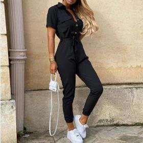 Printed Belt Work Overalls Short Sleeves (Option: Black-XL)