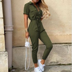 Printed Belt Work Overalls Short Sleeves (Option: Army Green-L)