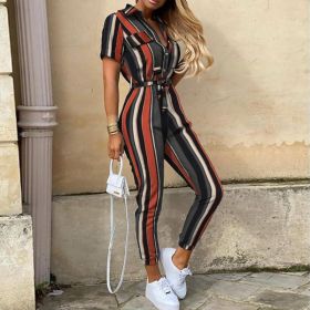 Printed Belt Work Overalls Short Sleeves (Option: Stripes-S)