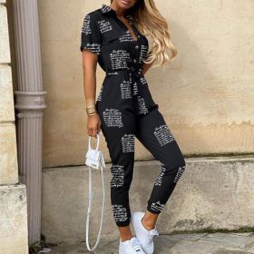 Printed Belt Work Overalls Short Sleeves (Option: Black print-L)
