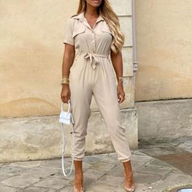 Printed Belt Work Overalls Short Sleeves (Option: Beige-S)