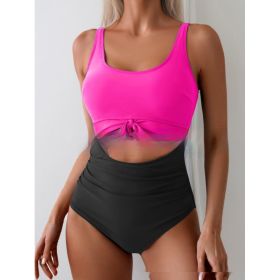 One-piece Female Stitching Contrast Color Strap Covered Belly Swimsuit (Option: Rose Red Black-M)