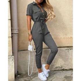 Printed Belt Work Overalls Short Sleeves (Option: Grey-2XL)