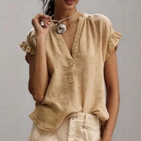 Women's Casual V-Neck Cotton-Linen Blouse Top Summer Ruffle Short-Sleeve Solid Color Office Daily Wear Shirts (Option: Khaki-2XL)