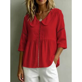 Womens Doll-Neck Hollow-Out Cotton-Linen Top (Option: Red-S)