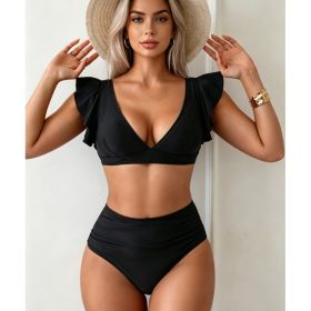Women's Black Ruffle Sleeve Bikini Set, Plunge V-Neck Top & Ruched High Waist Bottom, 2 Piece Elegant Swimsuit (Option: L)