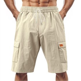 Loose Sports And Leisure Solid Color Linen Drawstring Shorts (Option: S-Khaki with Label)