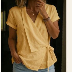 Women's Casual Lapel Collar Lace-Up Short-Sleeve Top (Option: Yellow-L)