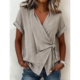 Women's Casual Lapel Collar Lace-Up Short-Sleeve Top (Option: Gray-S)