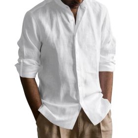 Men's Linen-cotton Long Sleeve Stand Collar Shirt (Option: White-L)