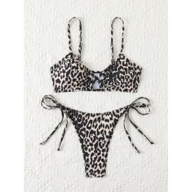 Women's Leopard Print Bralette Bikini Set, Crisscross Cutout Top & Tie Side High Cut Bottom, 2 Piece Swimsuit (Option: M)
