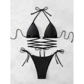 Women's Sexy Black Triangle Bikini Set With Lace-Up Top & Tie Side Bottom (Option: S)