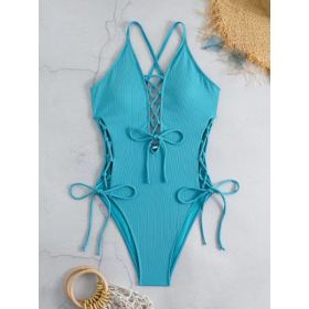 European And American Sexy Backless Siamese Bikini Swimsuit (Option: Blue-S)