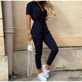 Printed Belt Work Overalls Short Sleeves (Option: Navy Blue-XL)