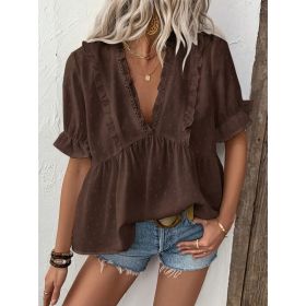 Women's Casual Solid Color Lace-trimmed V-neck T-shirt Top (Option: Coffee-L)