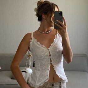 Women's American Style Hot Girl Style Lace Lace Sexy V-neck Cardigan Ties Buckle Camisole Small Tank Tops (Option: White-M)
