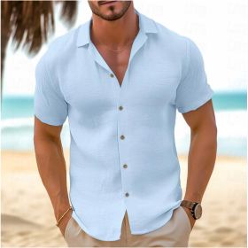 Men's Short-Sleeved Button-Down Shirt Summer Slim-Fit Lapel Shirts Casual Beachwear Clothing (Option: Light Blue-S)