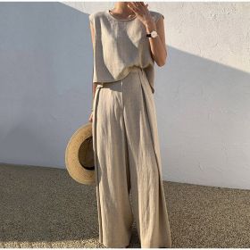 Cotton And Linen Casual Sleeveless Top Wide Leg Pants Two-piece Set (Option: Khaki-S)