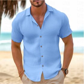 Men's Short-Sleeved Button-Down Shirt Summer Slim-Fit Lapel Shirts Casual Beachwear Clothing (Option: Sky Blue-S)