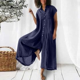 Women's Solid Color Casual Long-sleeved Mid-length Jumpsuit (Option: Dark Blue-S)